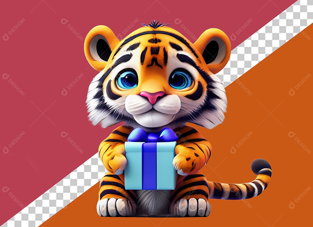 Tigre Segurando Caixa de Presente Personagem 3D para Composição PSD