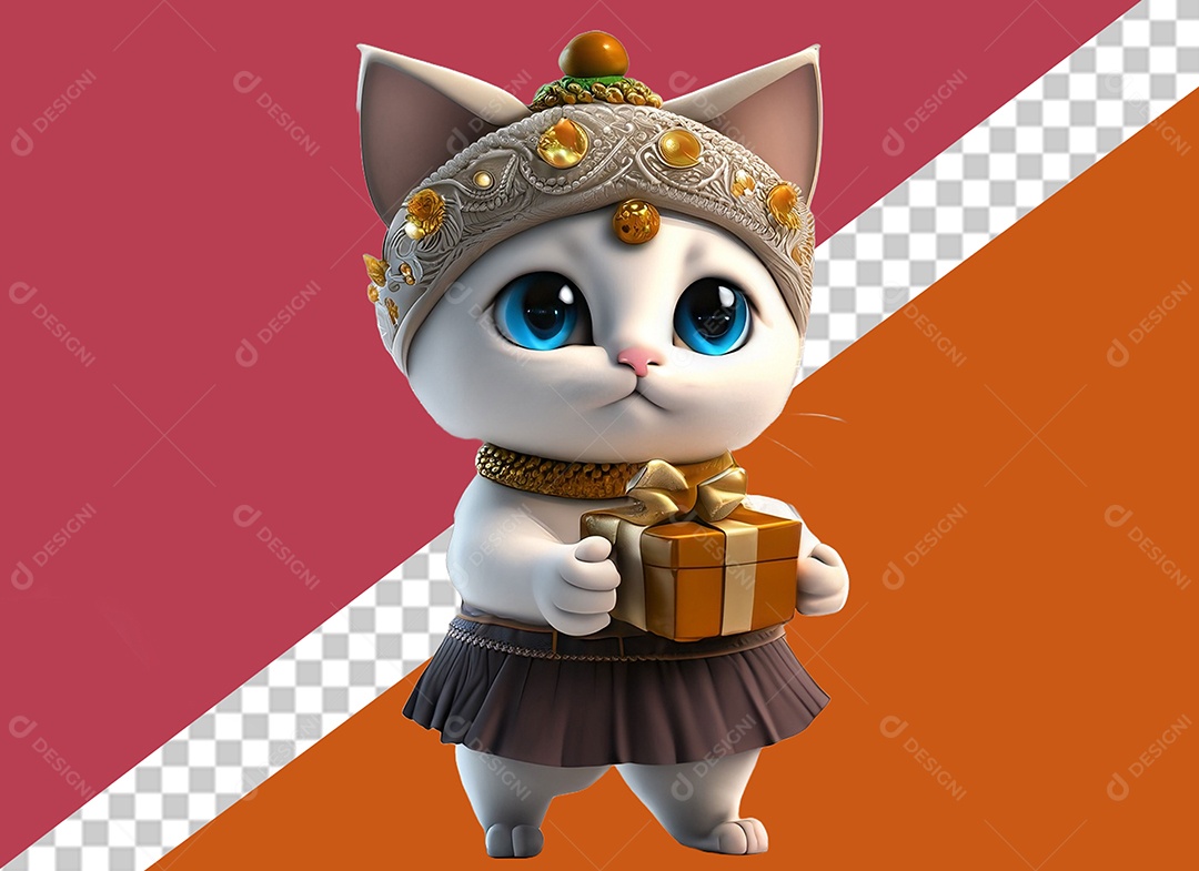Gatinha Segurando Presente Personagem 3D Para Composição PSD
