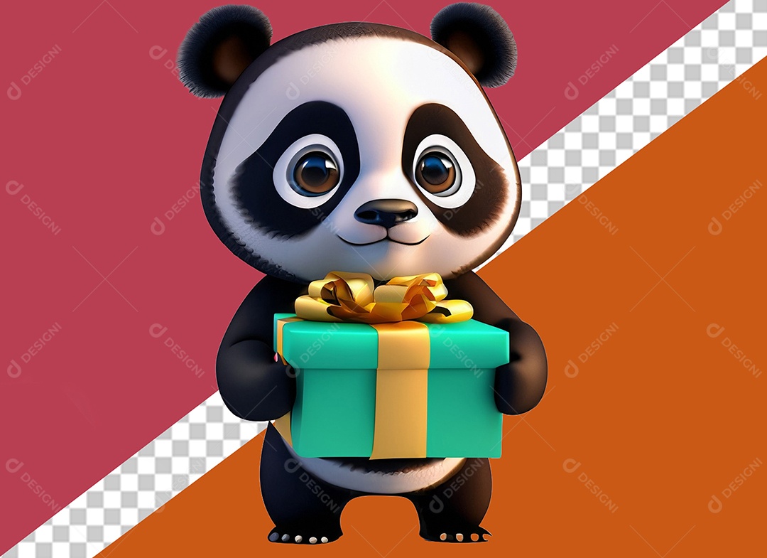 Panda Segurando Caixa de Presente Personagem 3D Para Composição PSD