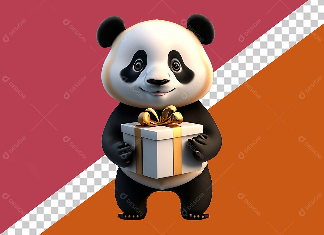 Panda Segurando Caixa de Presente Personagem 3D Para Composição PSD