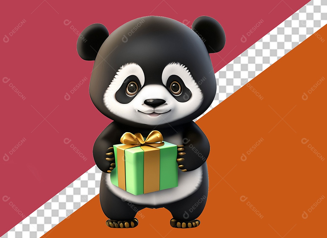 Panda Segurando Caixa de Presente Personagem 3D Para Composição PSD