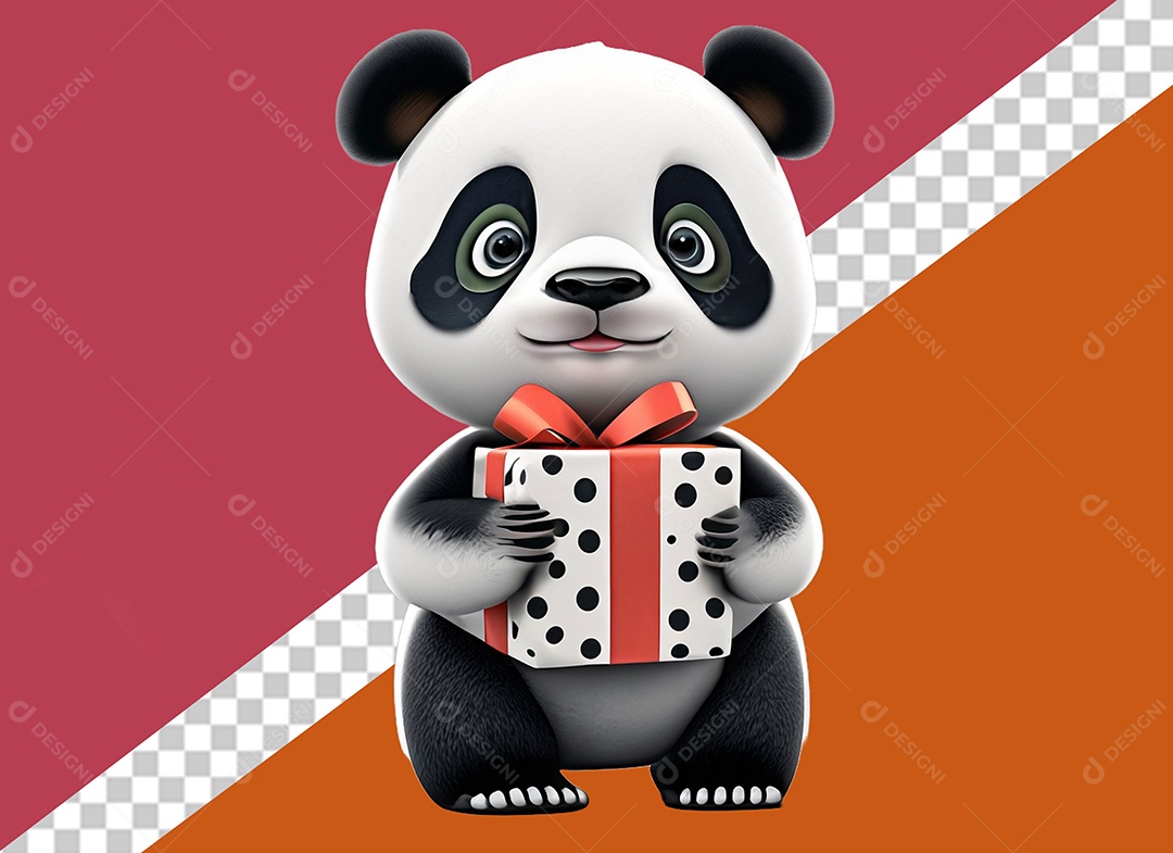 Panda Segurando Caixa de Presente Personagem 3D Para Composição PSD