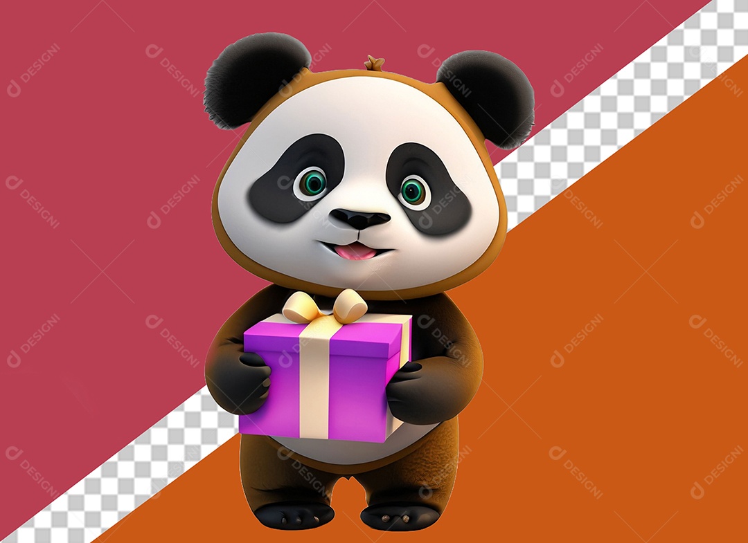 Panda Segurando Caixa de Presente Personagem 3D Para Composição PSD