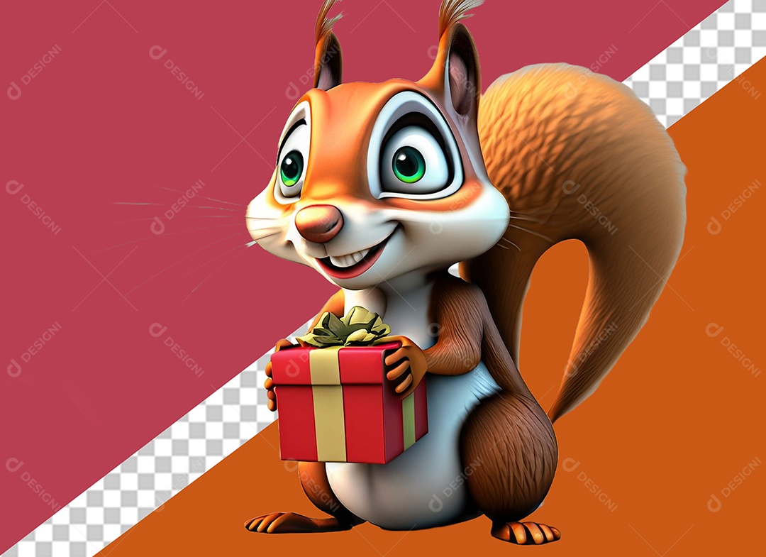 Esquilo Segurando Caixa de Presente Personagem 3D para Composição PSD