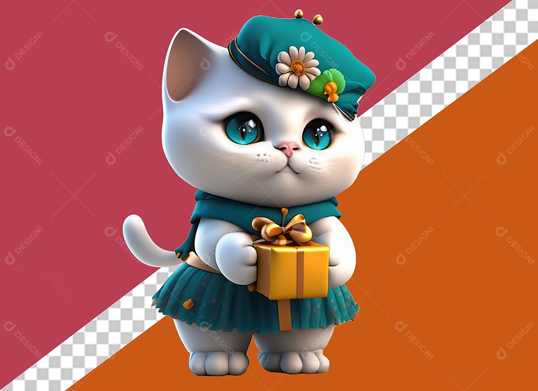 Gatinha Segurando Caixa de Presente Personagem 3DPara Composição PSD