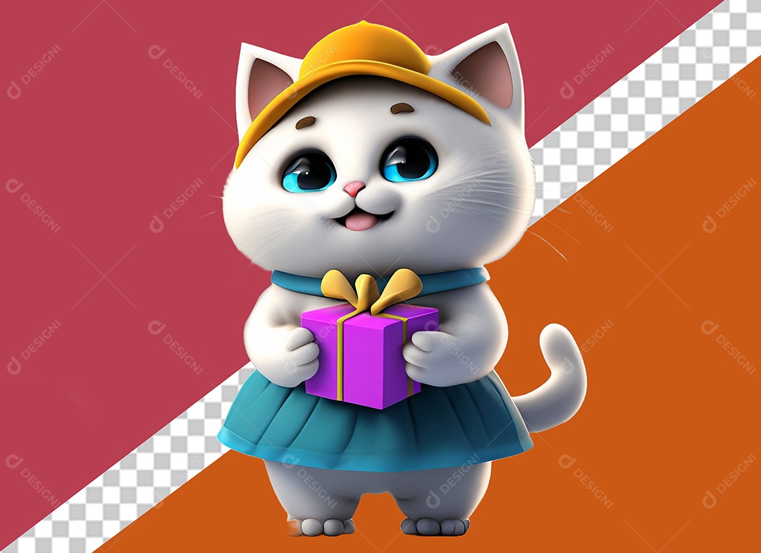 Gatinha Segurando Caixa de Presente Personagem 3DPara Composição PSD