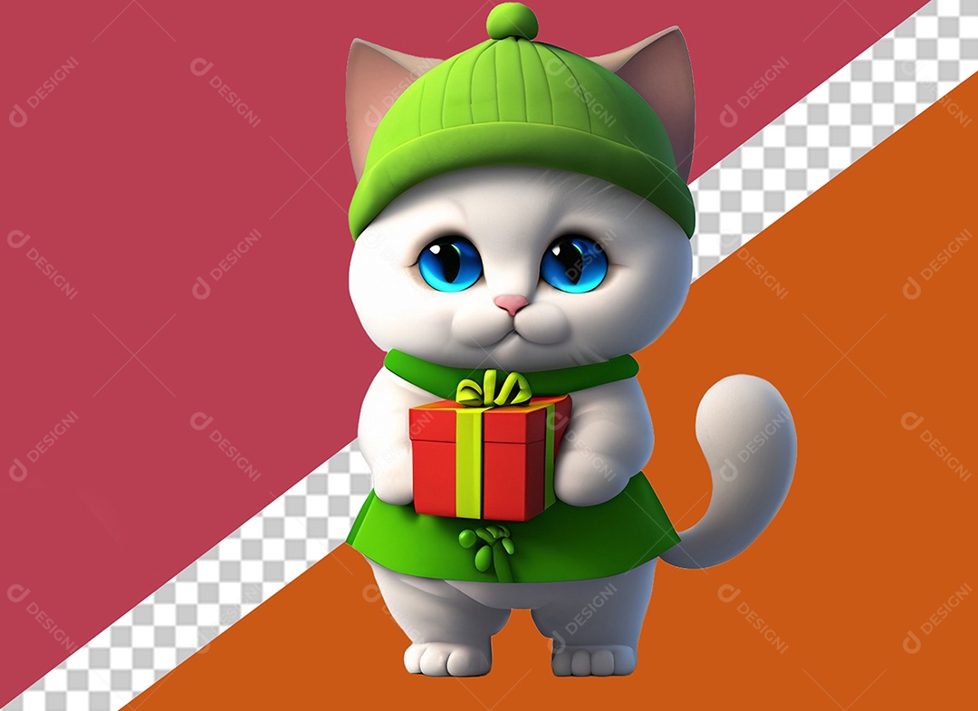 Gatinha Segurando Caixa de Presente Personagem 3D Para Composição PSD