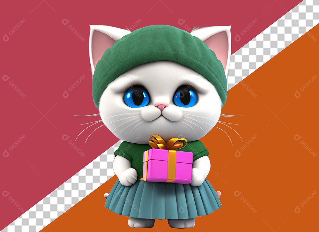 Gato Segurando Caixa de Presente Personagem 3D para Composição PSD