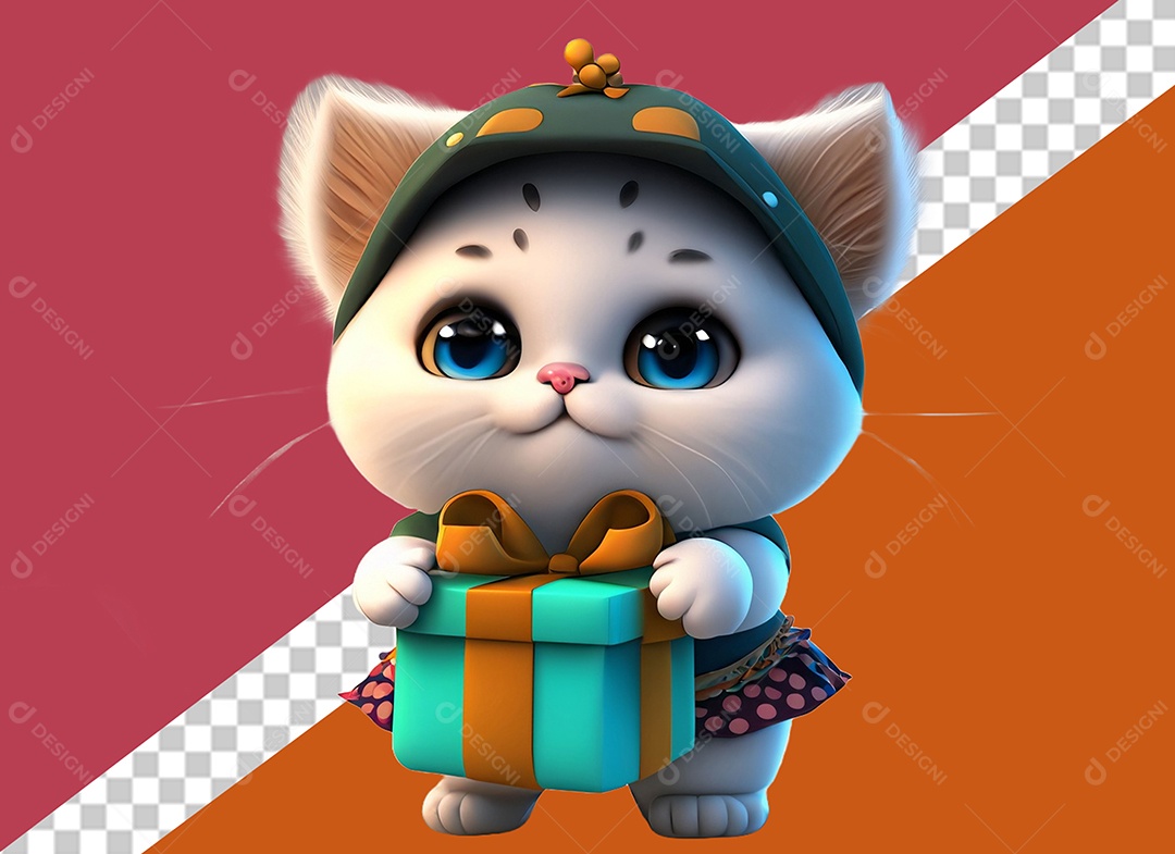 Gato Segurando Caixa de Presente Personagem 3D para Composição PSD