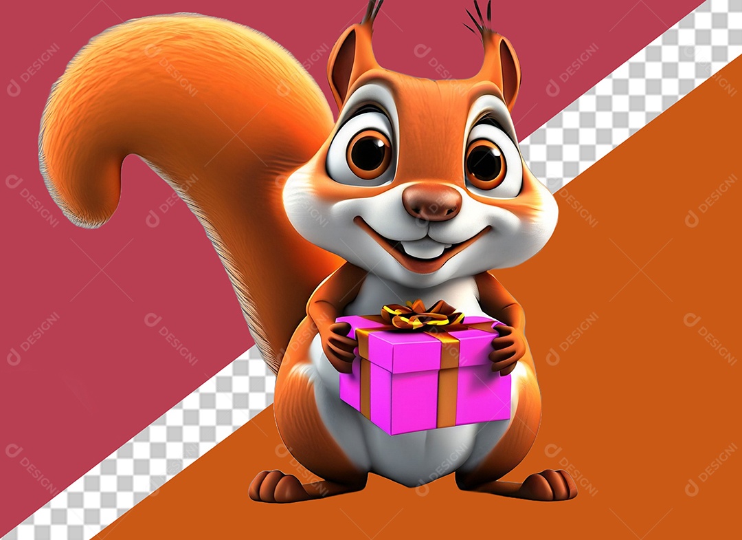 Esquilo Segurando Caixa de Presente Personagem 3D para Composição PSD