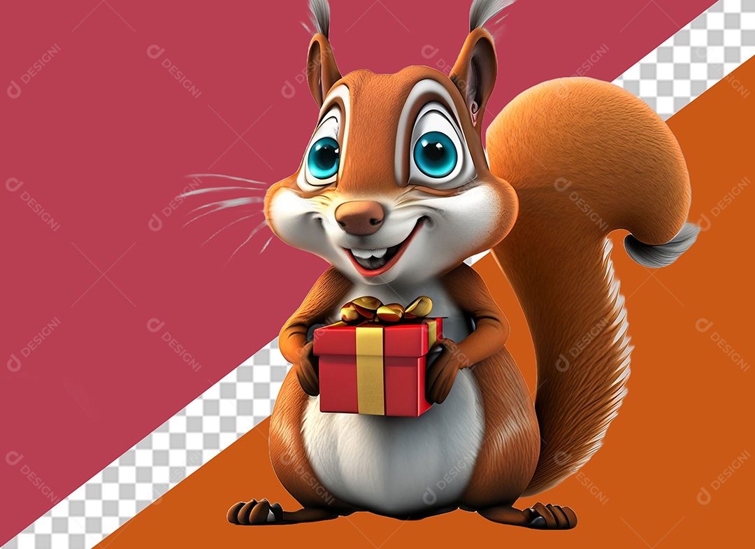 Esquilo Segurando Caixa de Presente Personagem 3D para Composição PSD