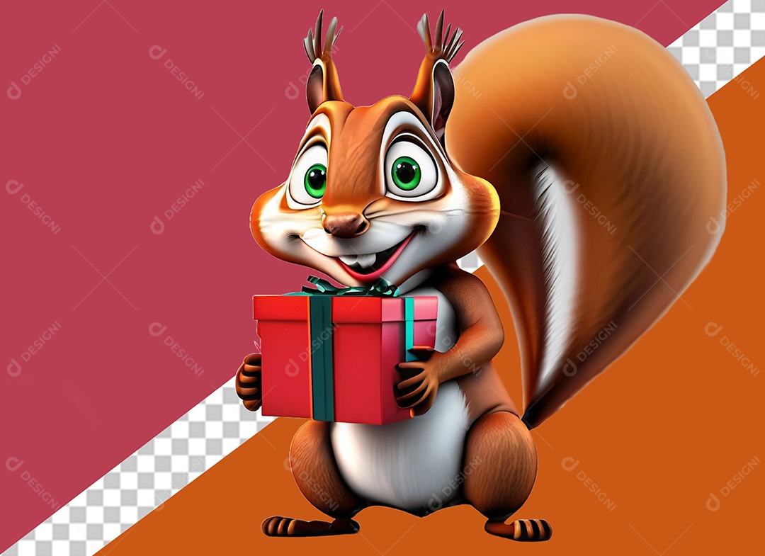 Esquilo Segurando Caixa de Presente Personagem 3D para Composição PSD