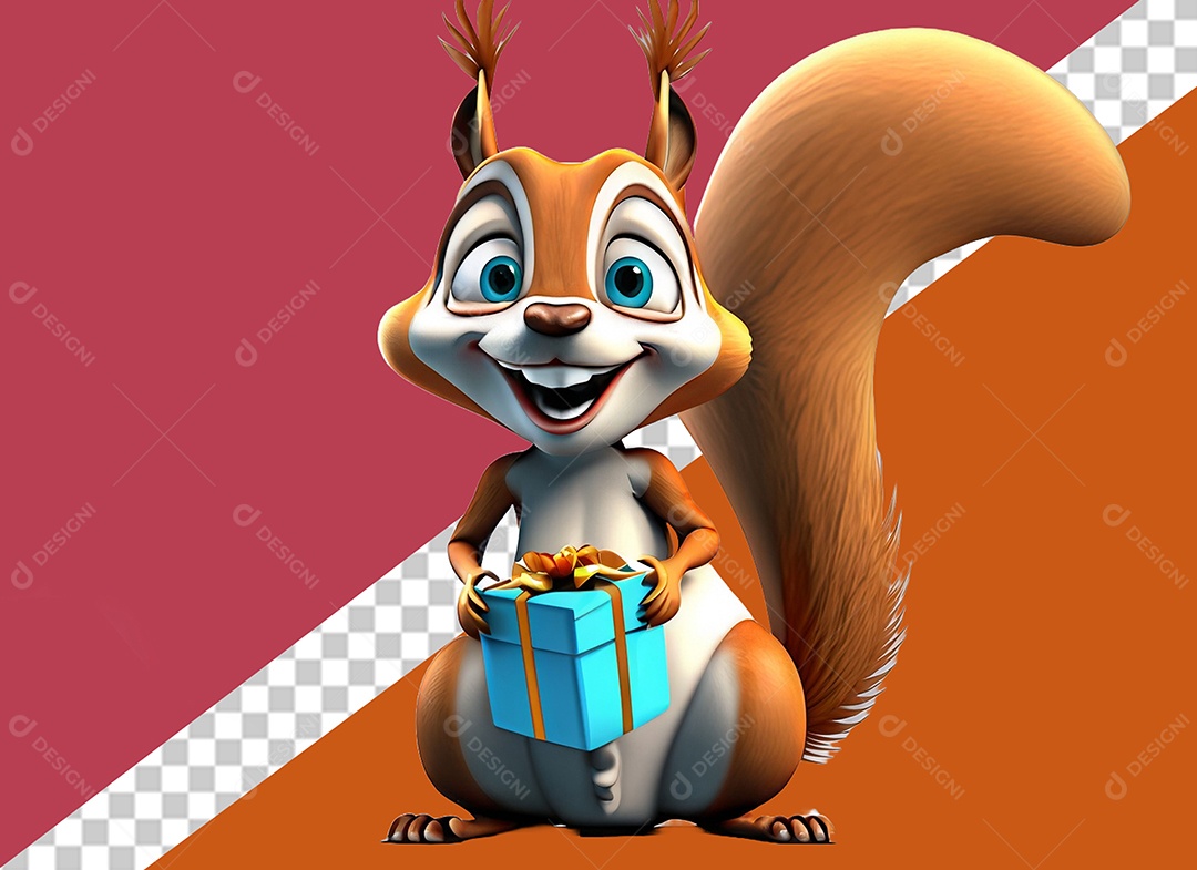 Esquilo Segurando Caixa de Presente Personagem 3D para Composição PSD