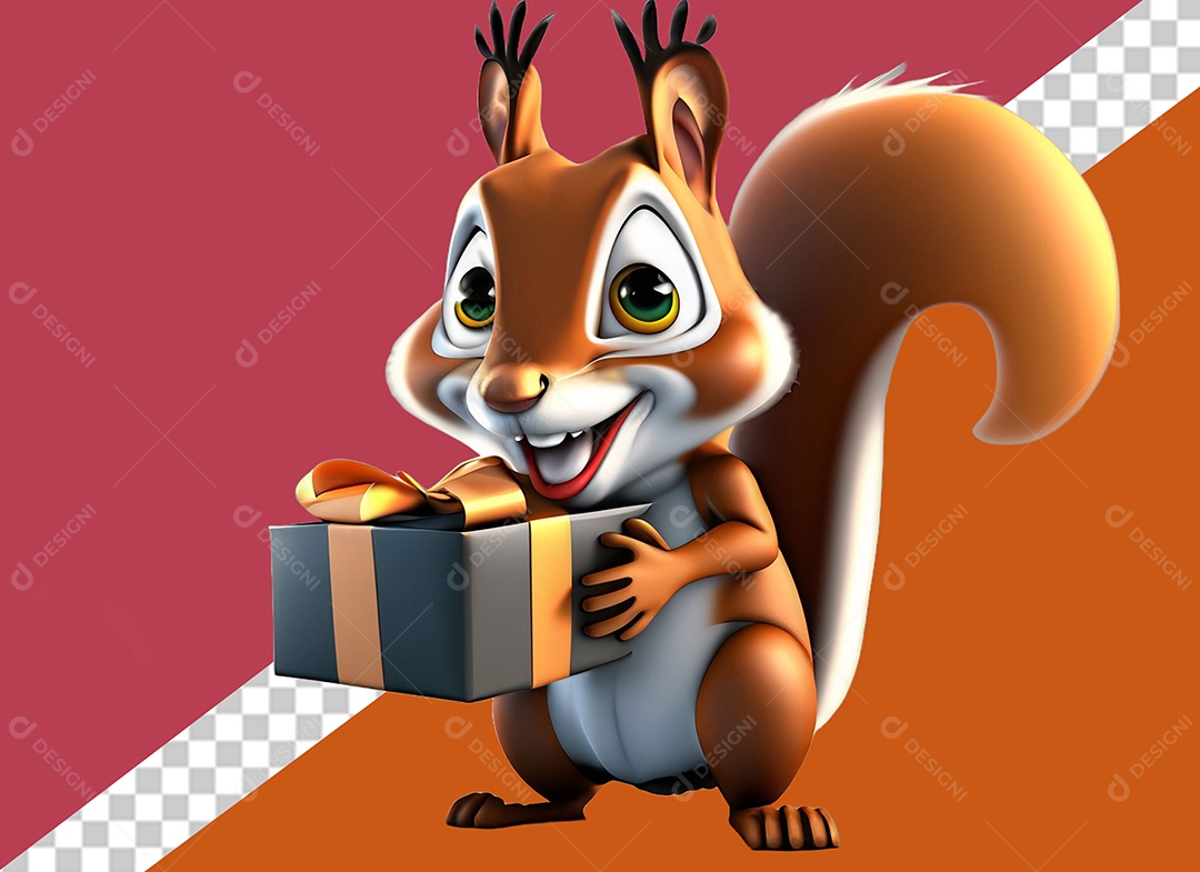 Esquilo Segurando Caixa de Presente Personagem 3D para Composição PSD