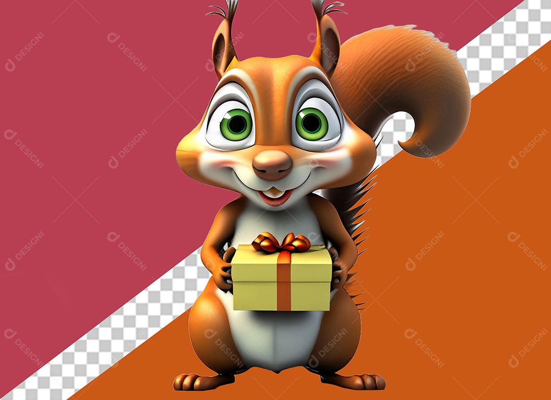 Esquilo Segurando Caixa de Presente Personagem 3D para Composição PSD