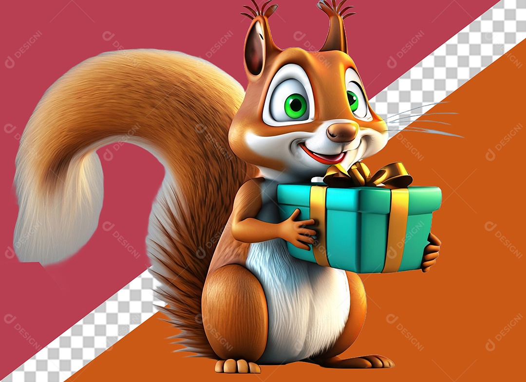 Esquilo Segurando Caixa de Presente Personagem 3D para Composição PSD