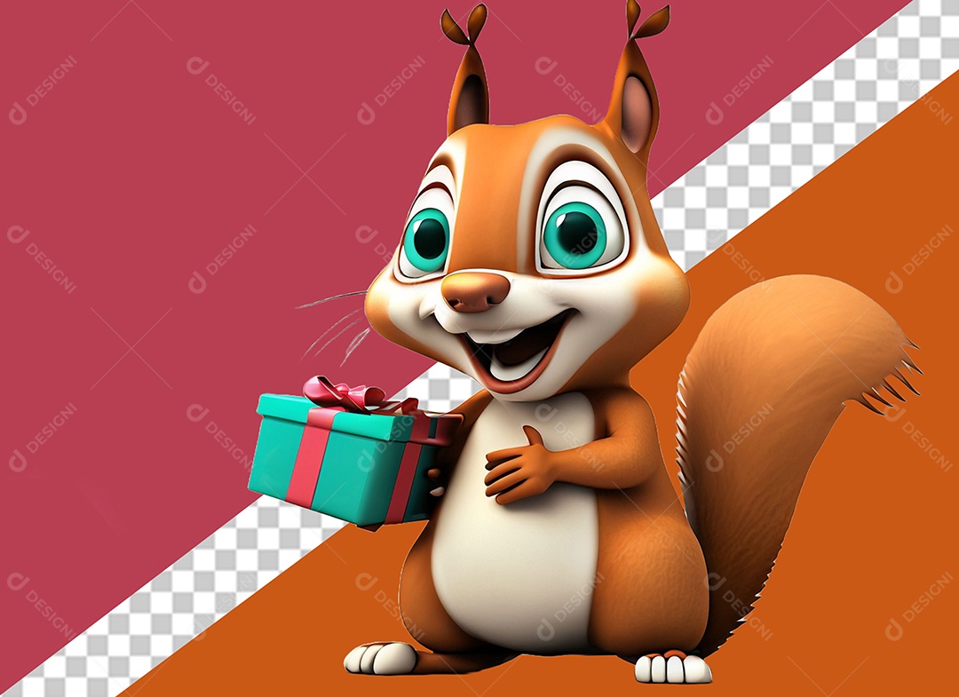 Esquilo Segurando Caixa de Presente Personagem 3D para Composição PSD