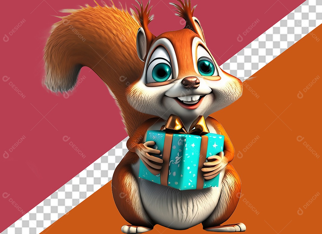 Esquilo Segurando Caixa de Presente Personagem 3D para Composição PSD