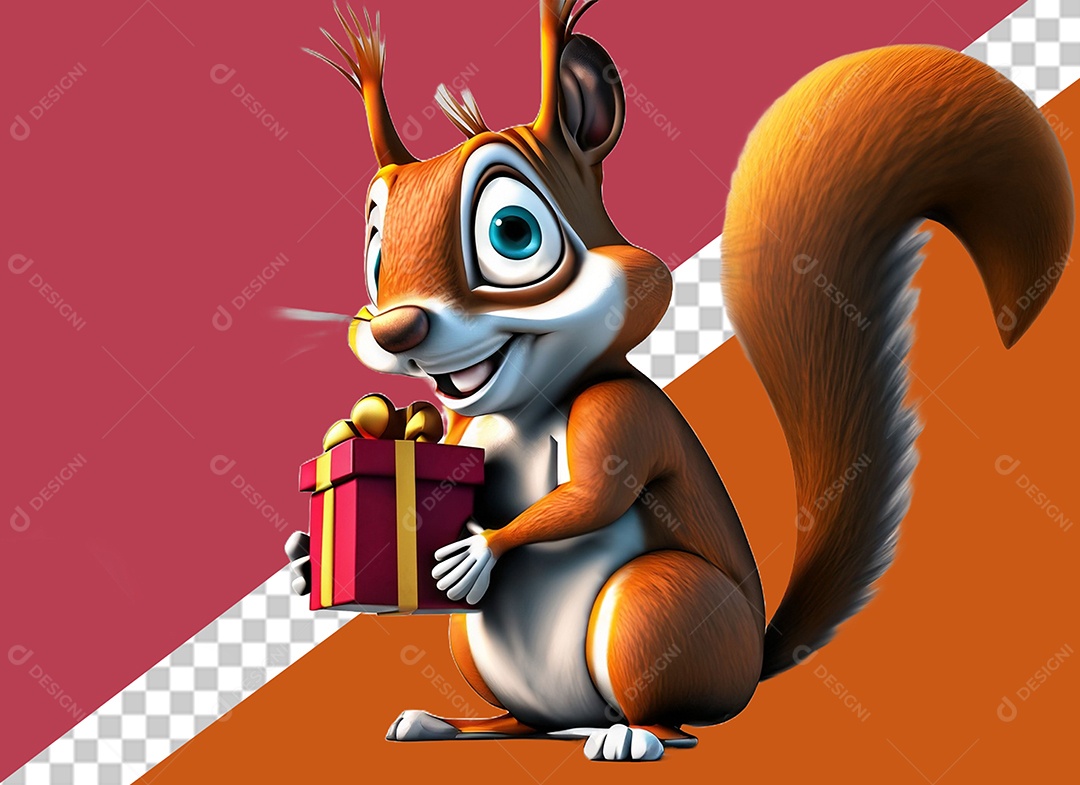 Esquilo Segurando Caixa de Presente Personagem 3D para Composição PSD