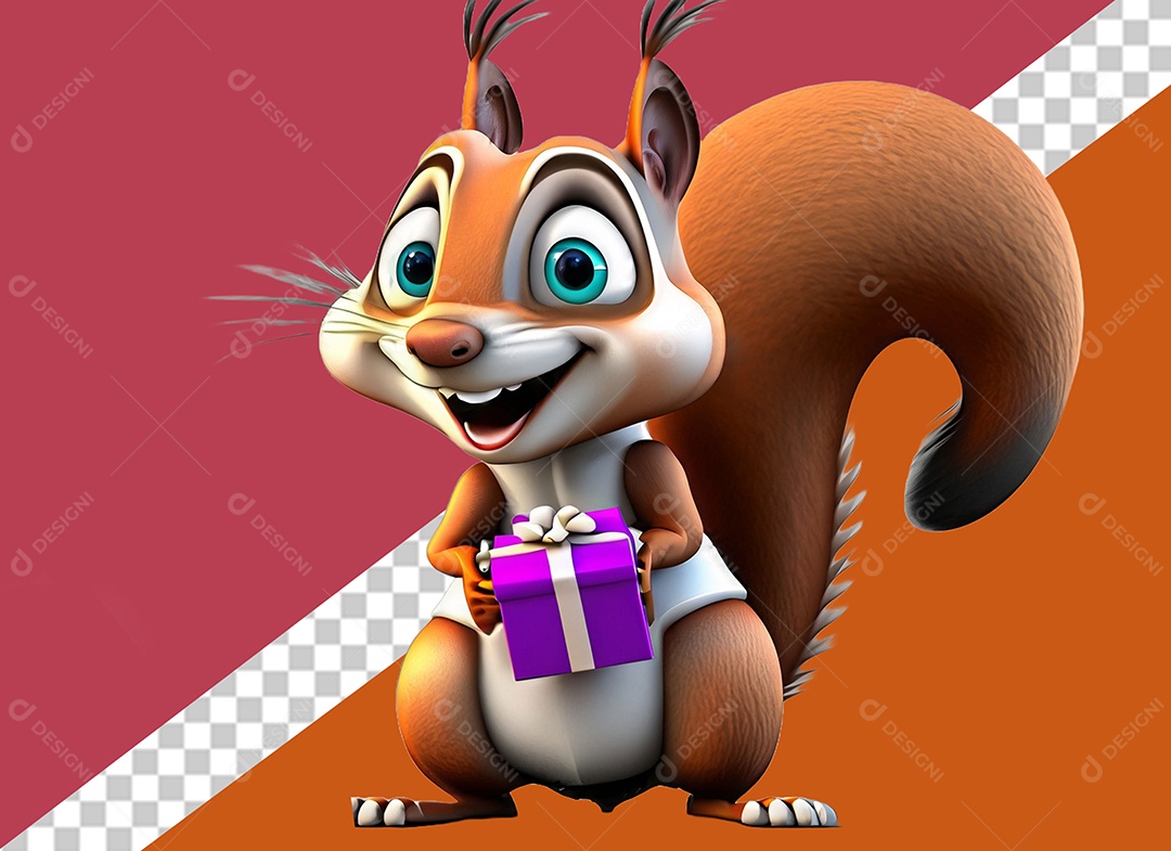 Esquilo Segurando Caixa de Presente Personagem 3D para Composição PSD