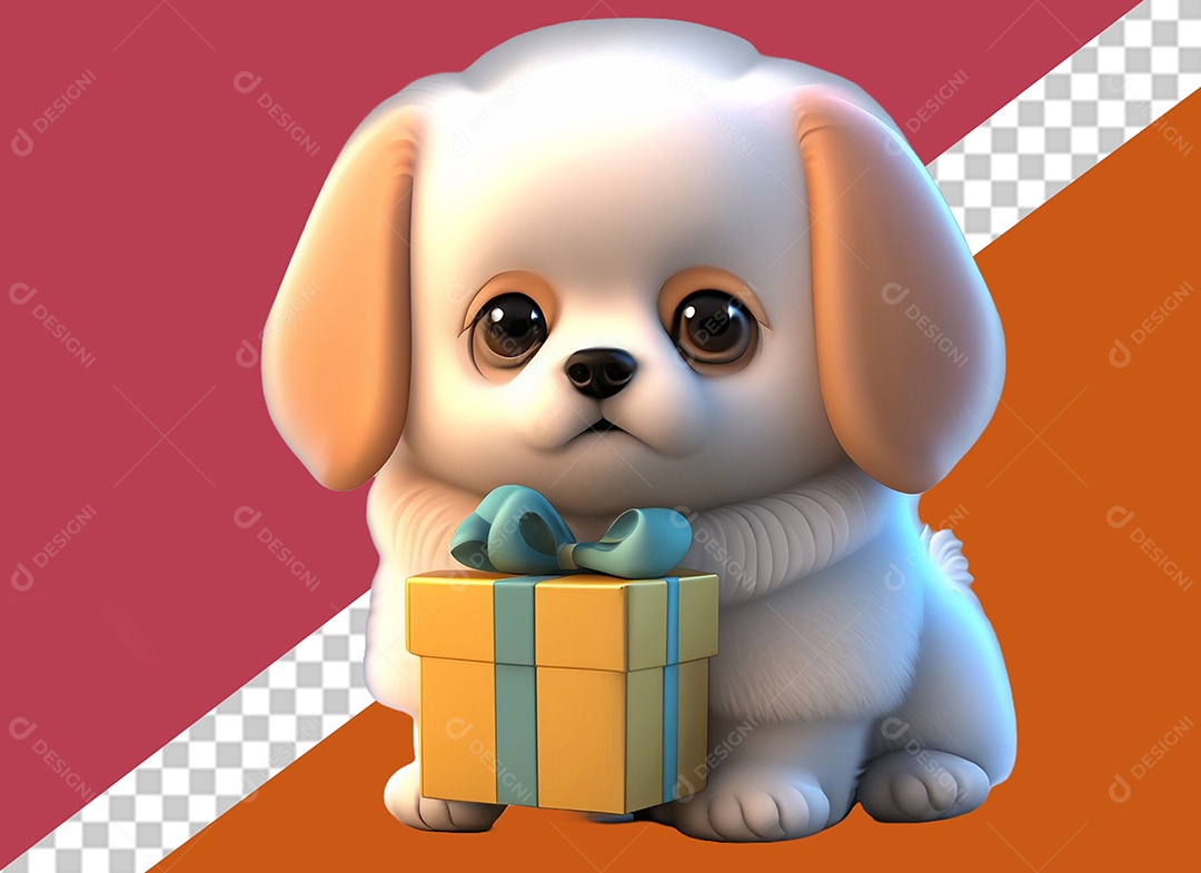 Cachorrinho Segurando Caixa de Presente Personagem 3D para Composição PSD