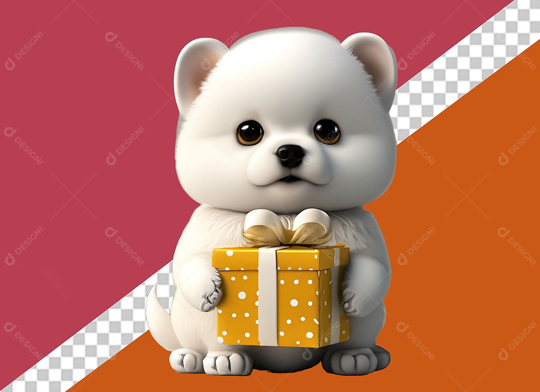 Cachorrinho Segurando Caixa de Presente Personagem 3D para Composição PSD