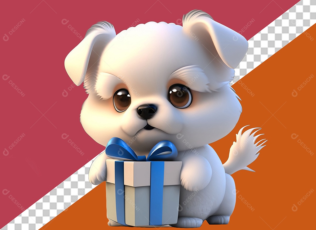 Cachorrinho Segurando Caixa de Presente Personagem 3D para Composição PSD