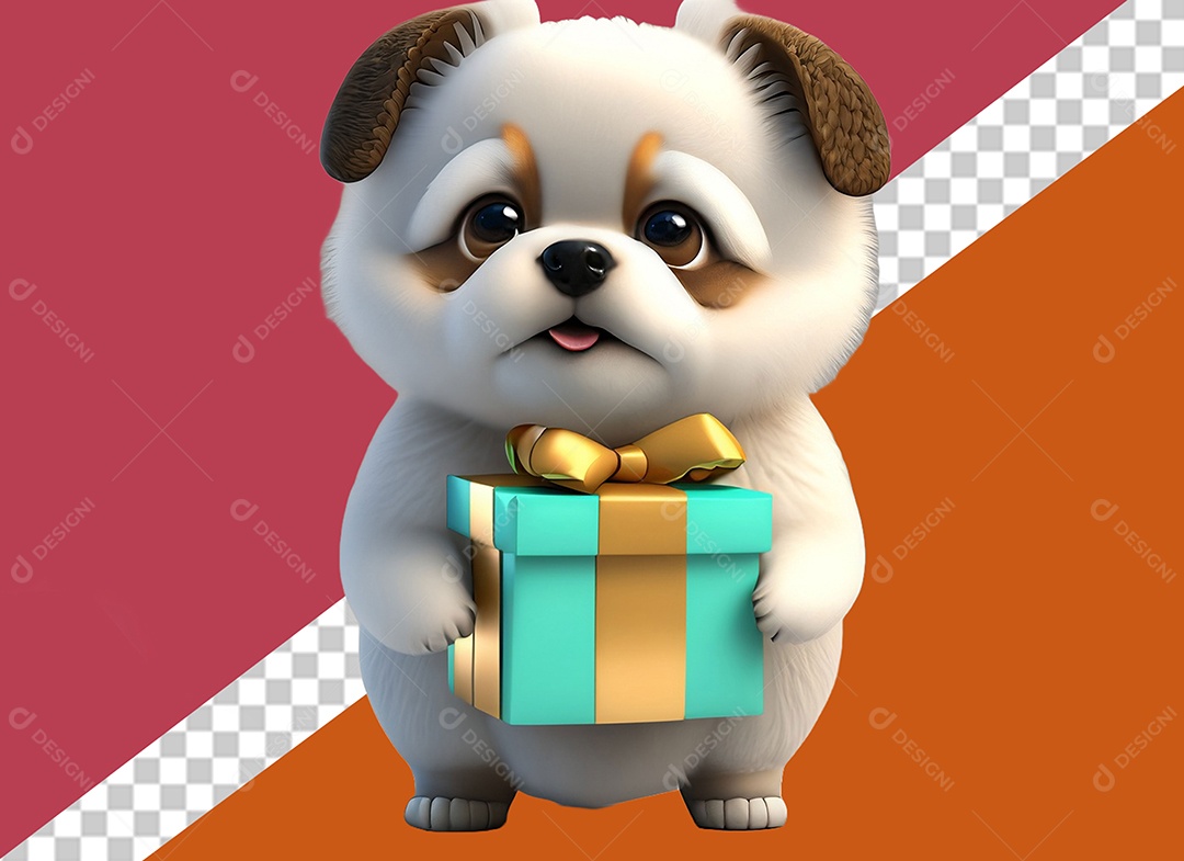 Cachorrinho Segurando Caixa de Presente Personagem 3D para Composição PSD