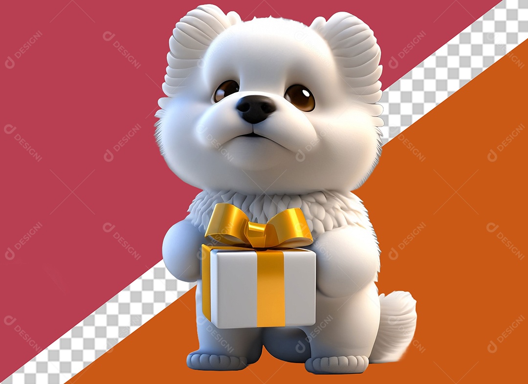 Cachorrinho Segurando Caixa de Presente Personagem 3D para Composição PSD