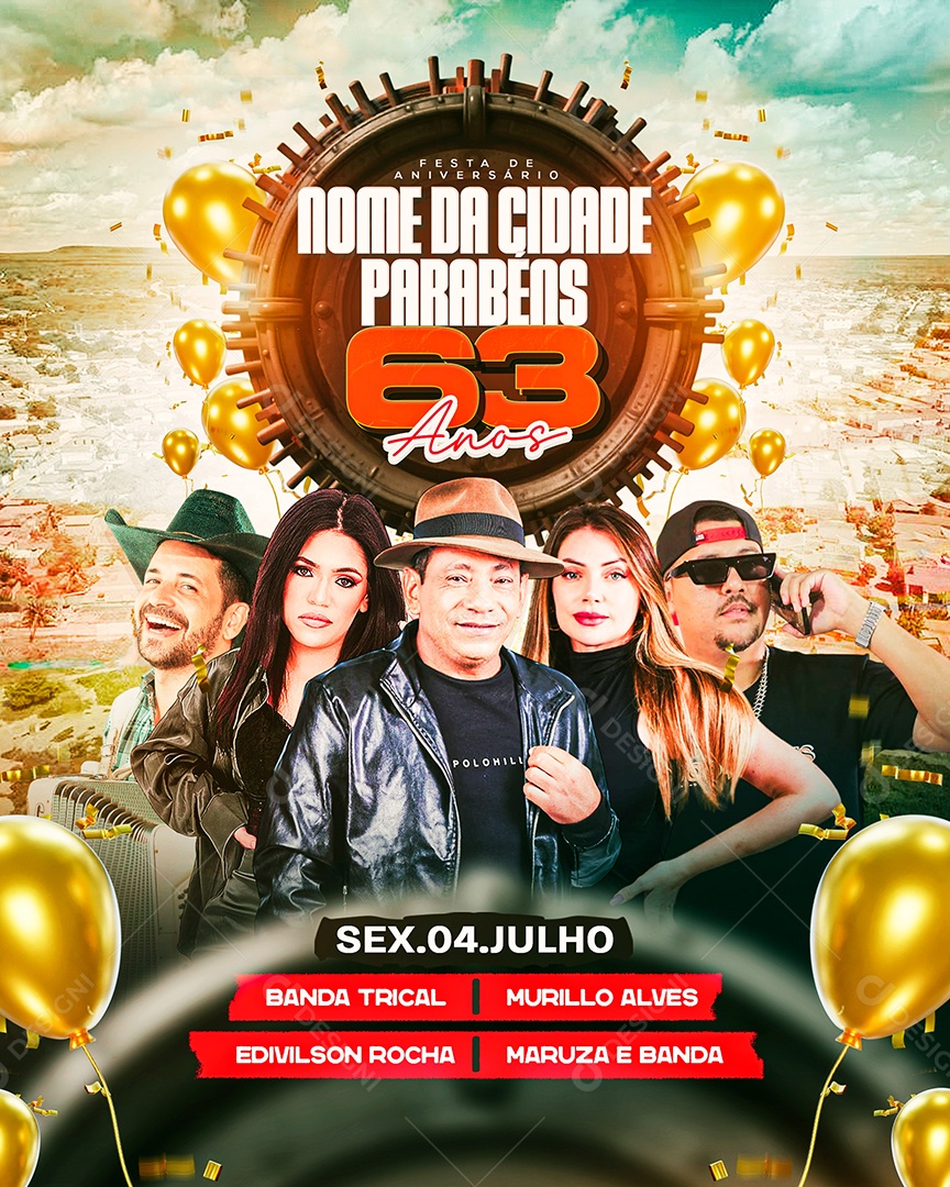 Flyer Feliz Aniversario Cidade Festejos Social Media PSD Editável