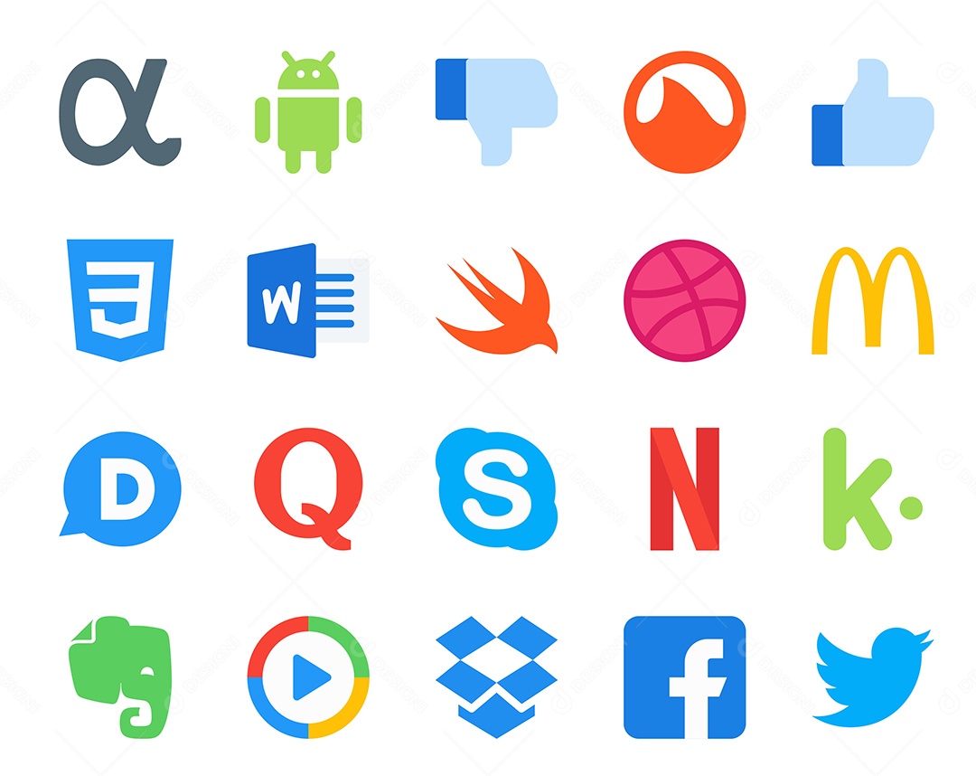 Pacote de 20 Ícones de Mídia Social Colorido Ilustração Vetor EPS