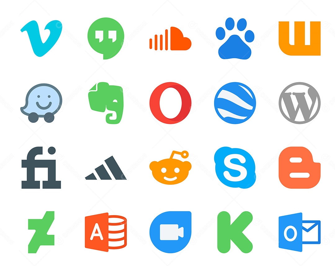 Pacote de 20 Ícones de Mídia Social Colorido Ilustração Vetor EPS