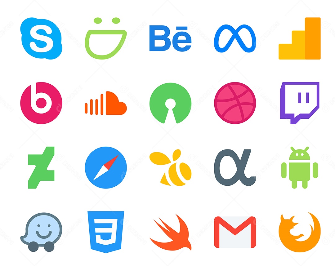 Pacote de 20 Ícones de Mídia Social Colorido Ilustração Vetor EPS