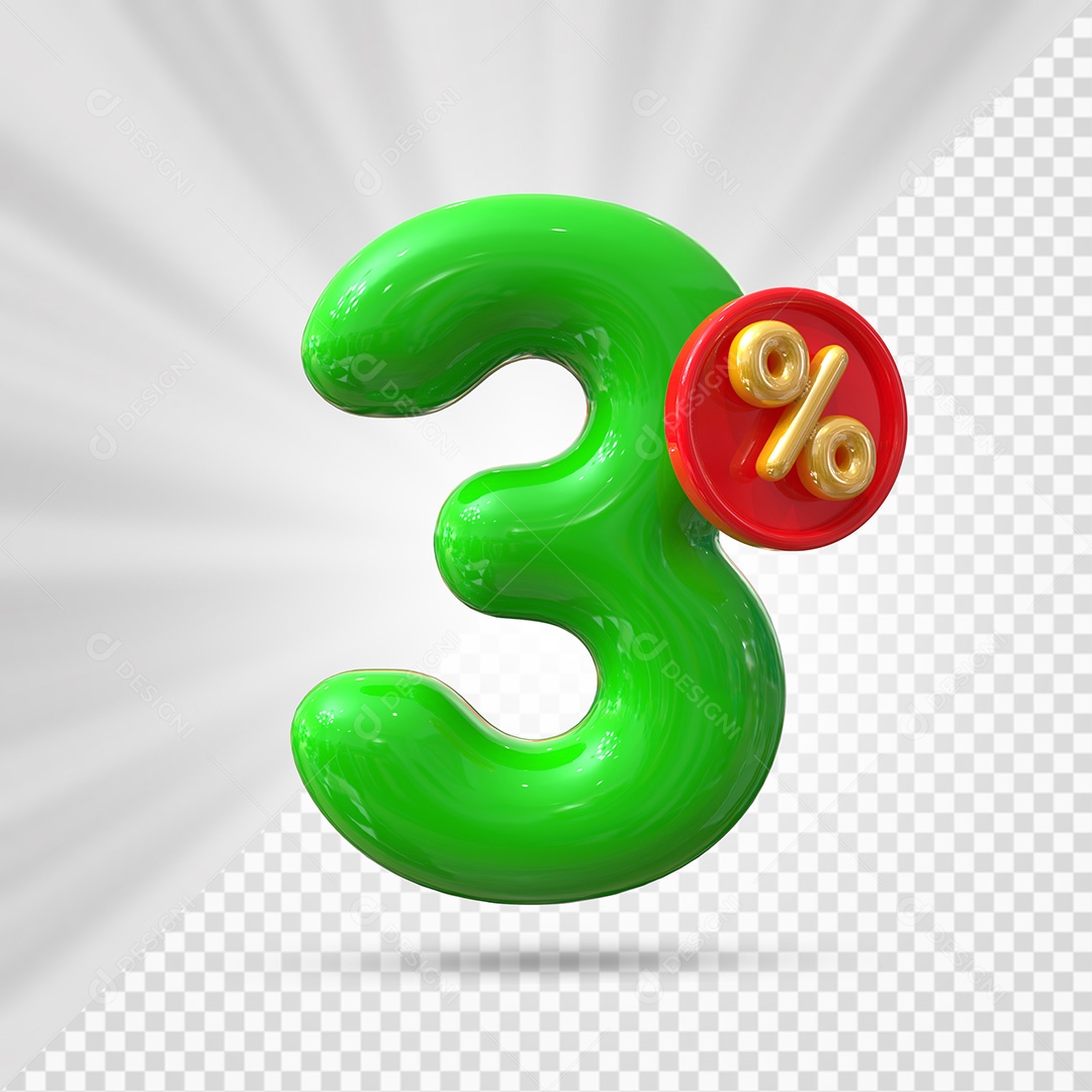 Elemento 3D Número 3% Verde Para Composição PSD