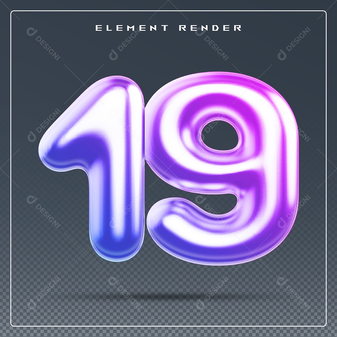 Elemento 3D Número 19 Colorido para Composição PSD