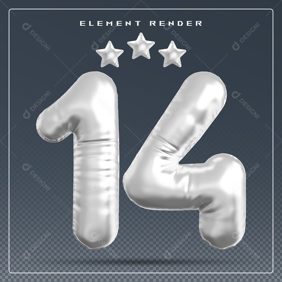 Elemento 3D Número 14 Cinza para Composição PSD
