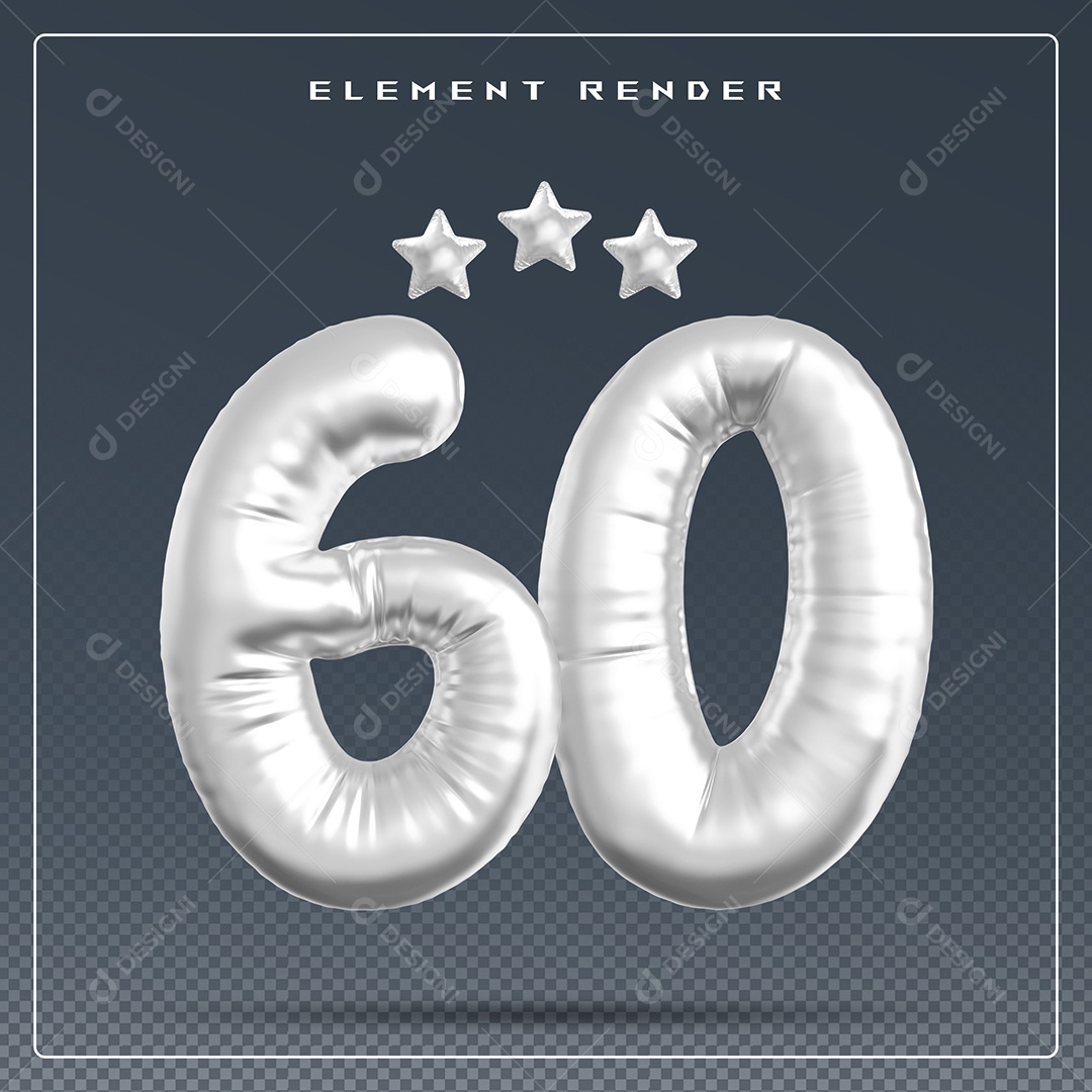 Elemento 3D Número 60 Cinza para Composição PSD
