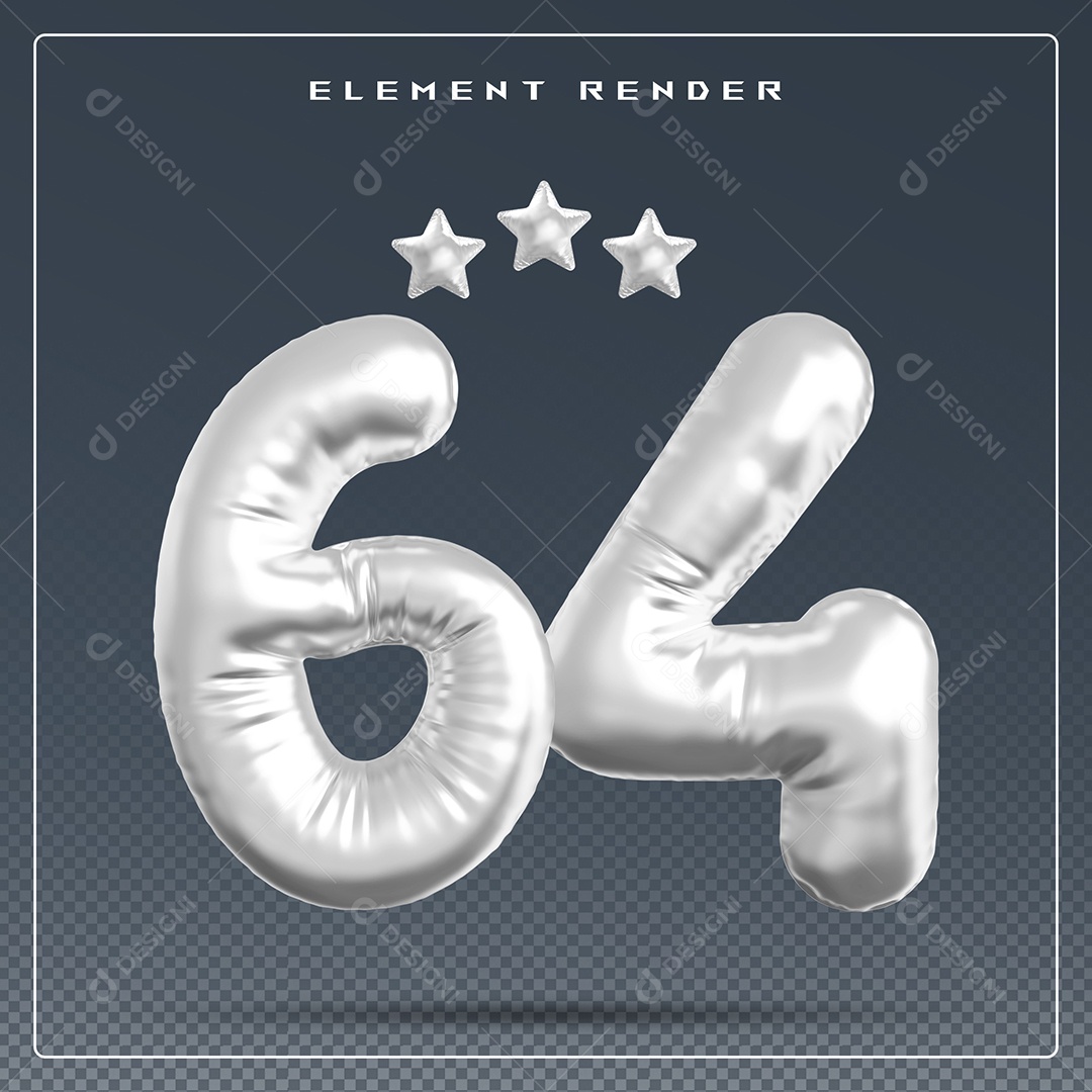 Elemento 3D Número 64 Cinza para Composição PSD
