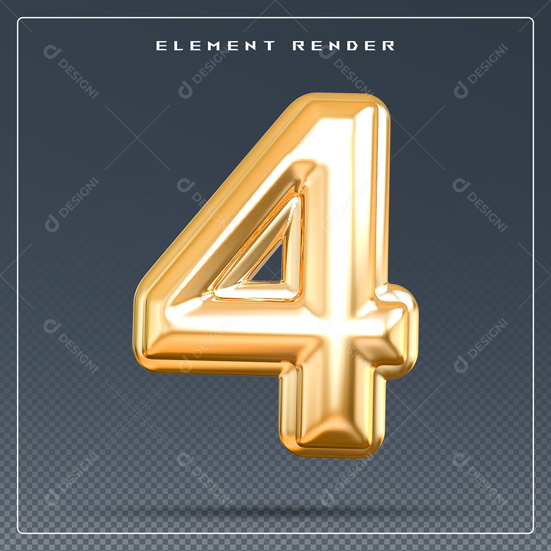 Elemento 3D Número 4 Dourado para Composição PSD