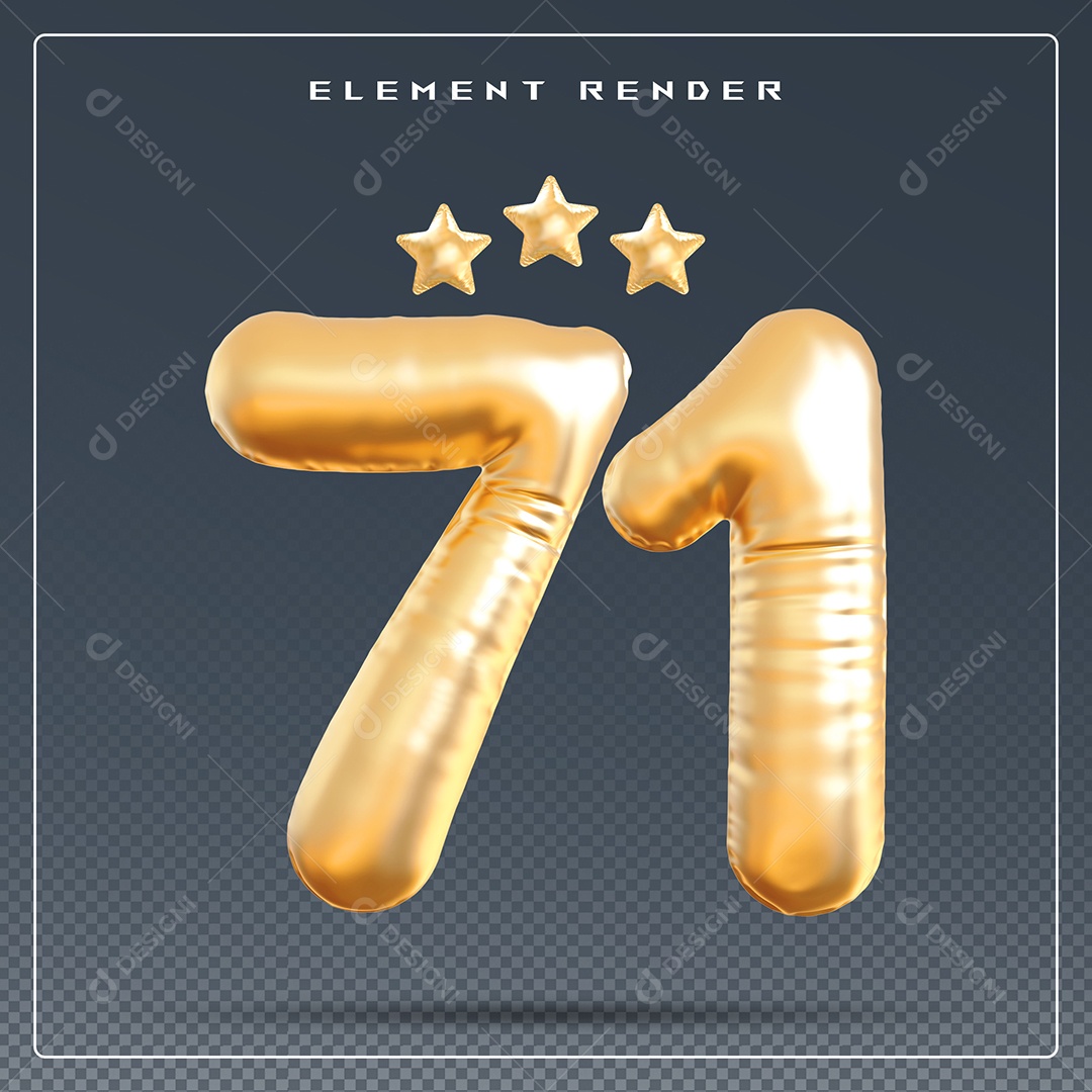 Elemento 3D Número 71 Dourado para Composição PSD