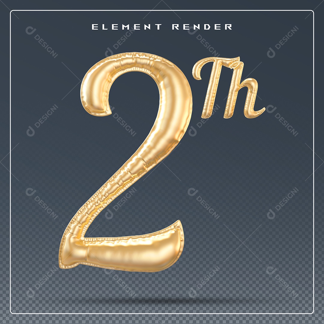 Elemento 3D Número 2 Th Dourado para Composição PSD