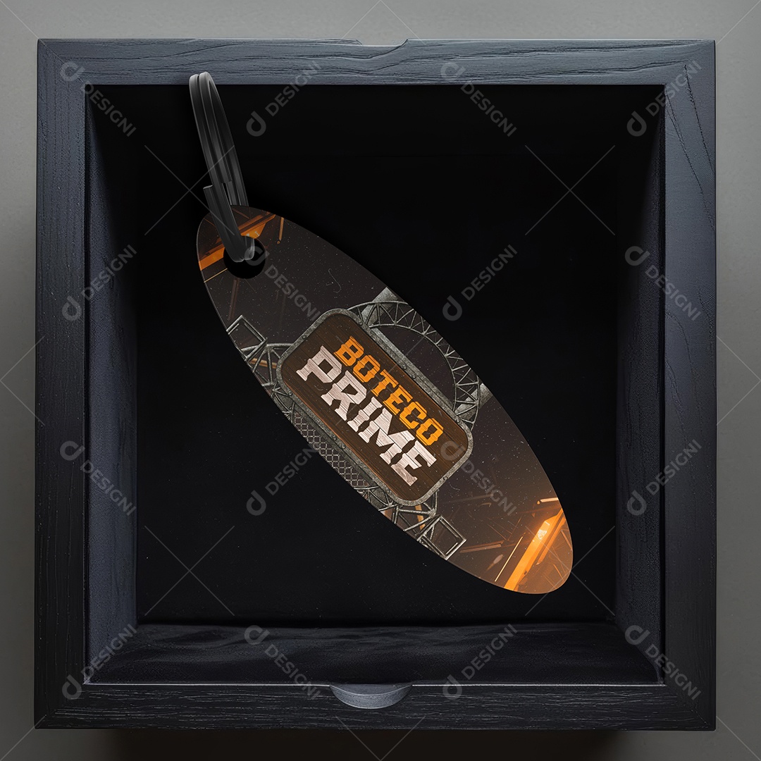 Mockup Brinde Chaveiro de Metal Oval na Caixa PSD Editável