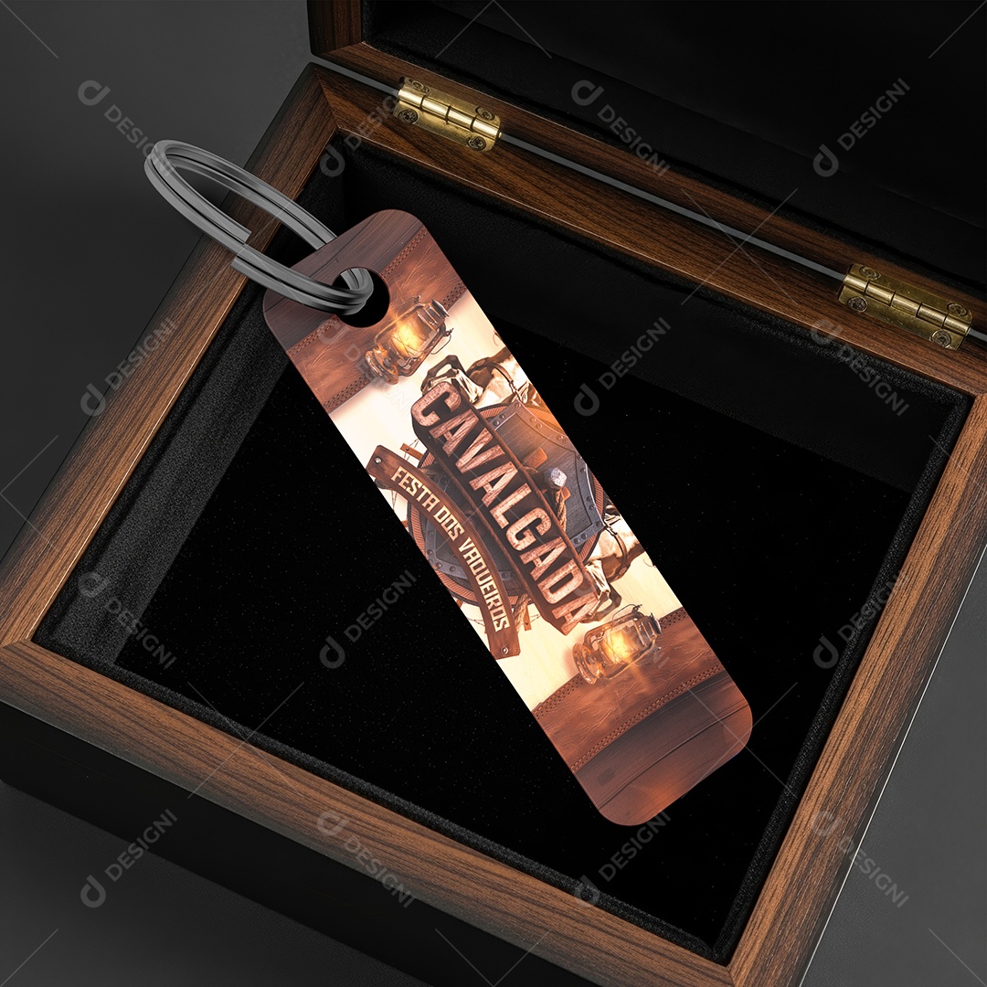 Mockup Brinde Chaveiro de Metal Retangular na Caixa PSD Editável