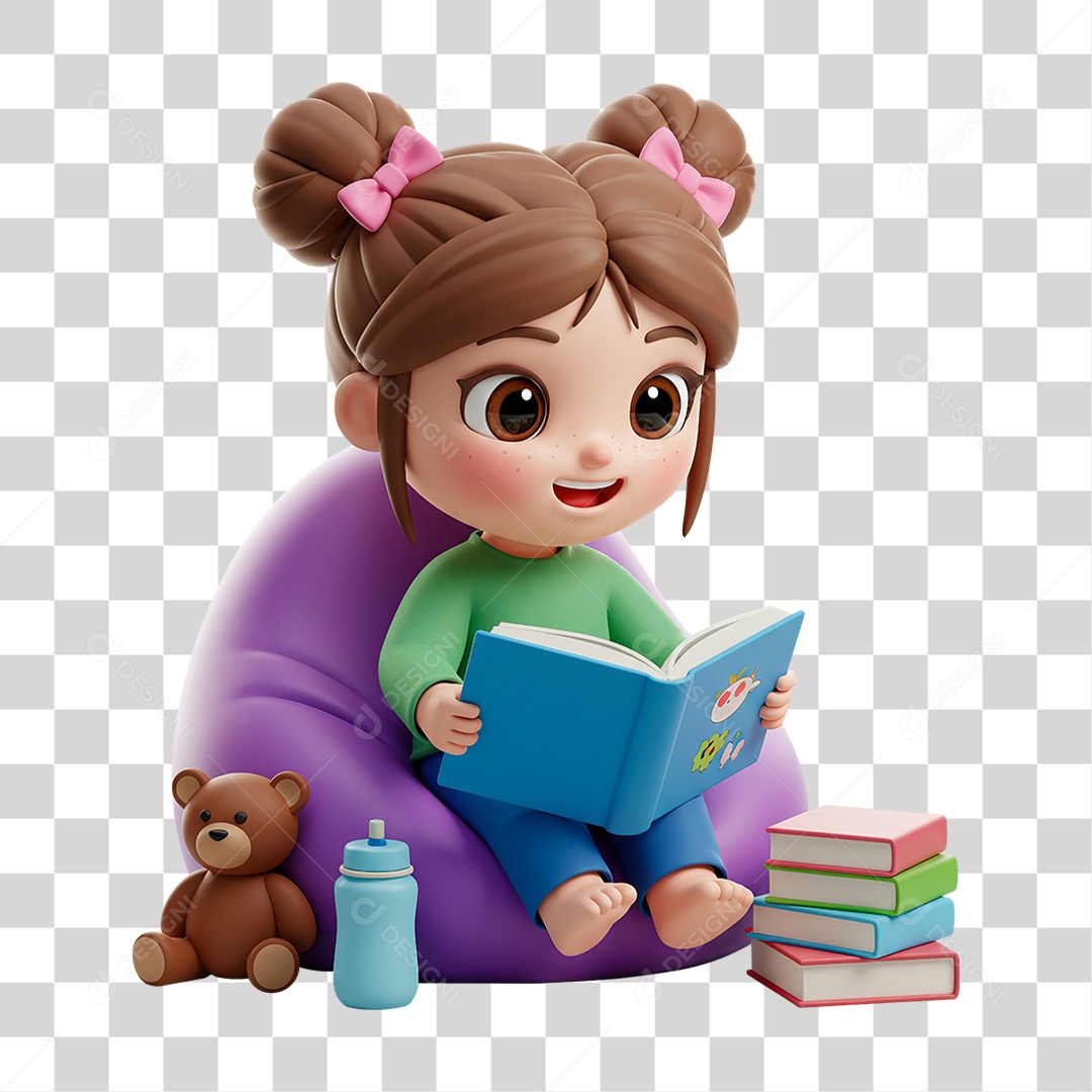 Menina Lendo Livros com Seu Ursinho de Pelúcia PNG Transparente