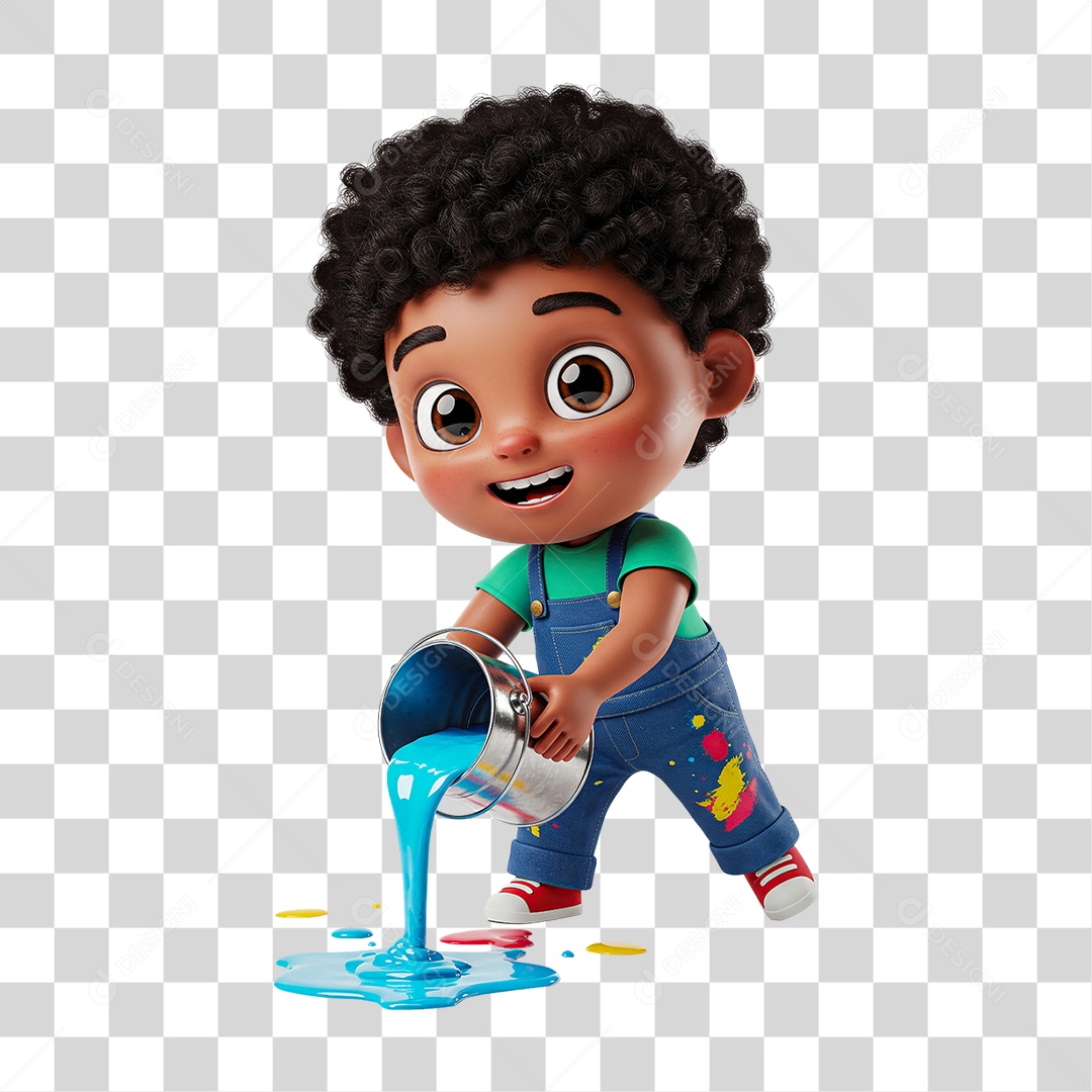 Personagem Criança de Cabelos Cacheados Brincando com Tinta PNG Transparente
