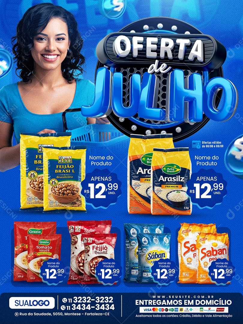 Tabloide Mercado Oferta de Julho Feijão Arroz e Molho de Tomate Social Media PSD Editável