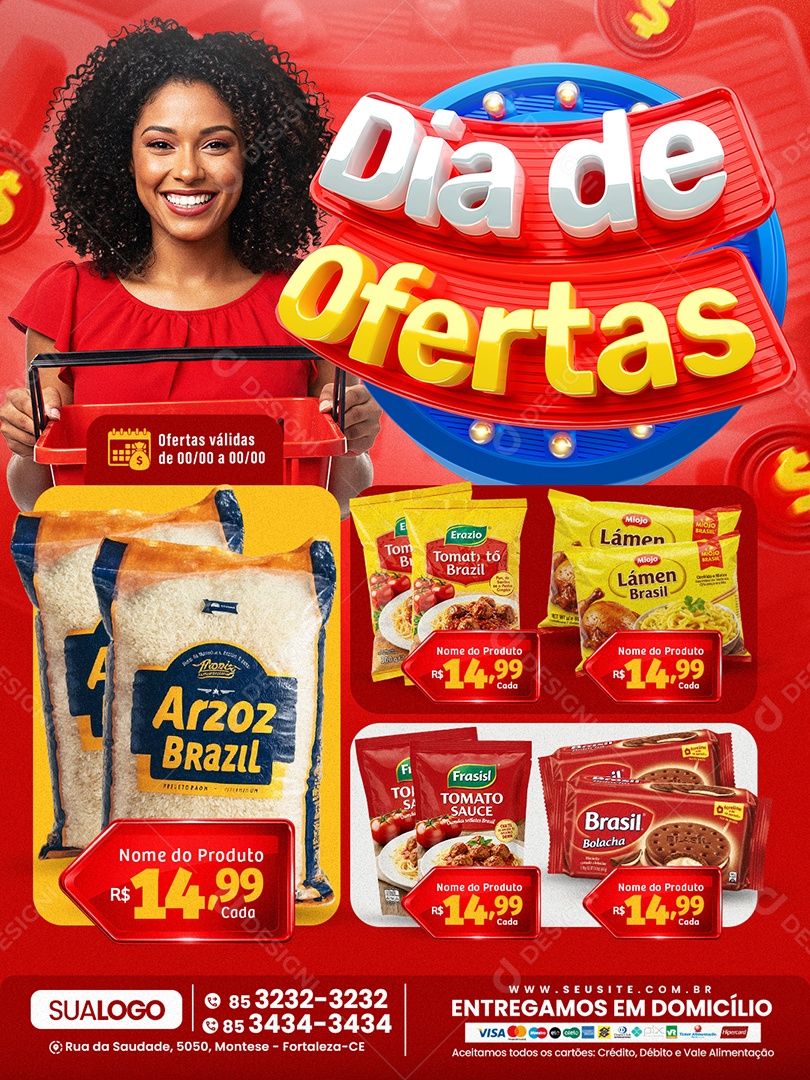 Tabloide Mercado Dia de Ofertas Arroz Macarrão Social Media PSD Editável
