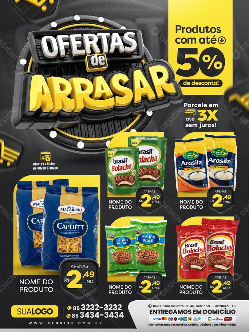 Tabloide Mercado Ofertas de Arrasar Produtos com Até 50% de Desconto Social Media PSD Editável