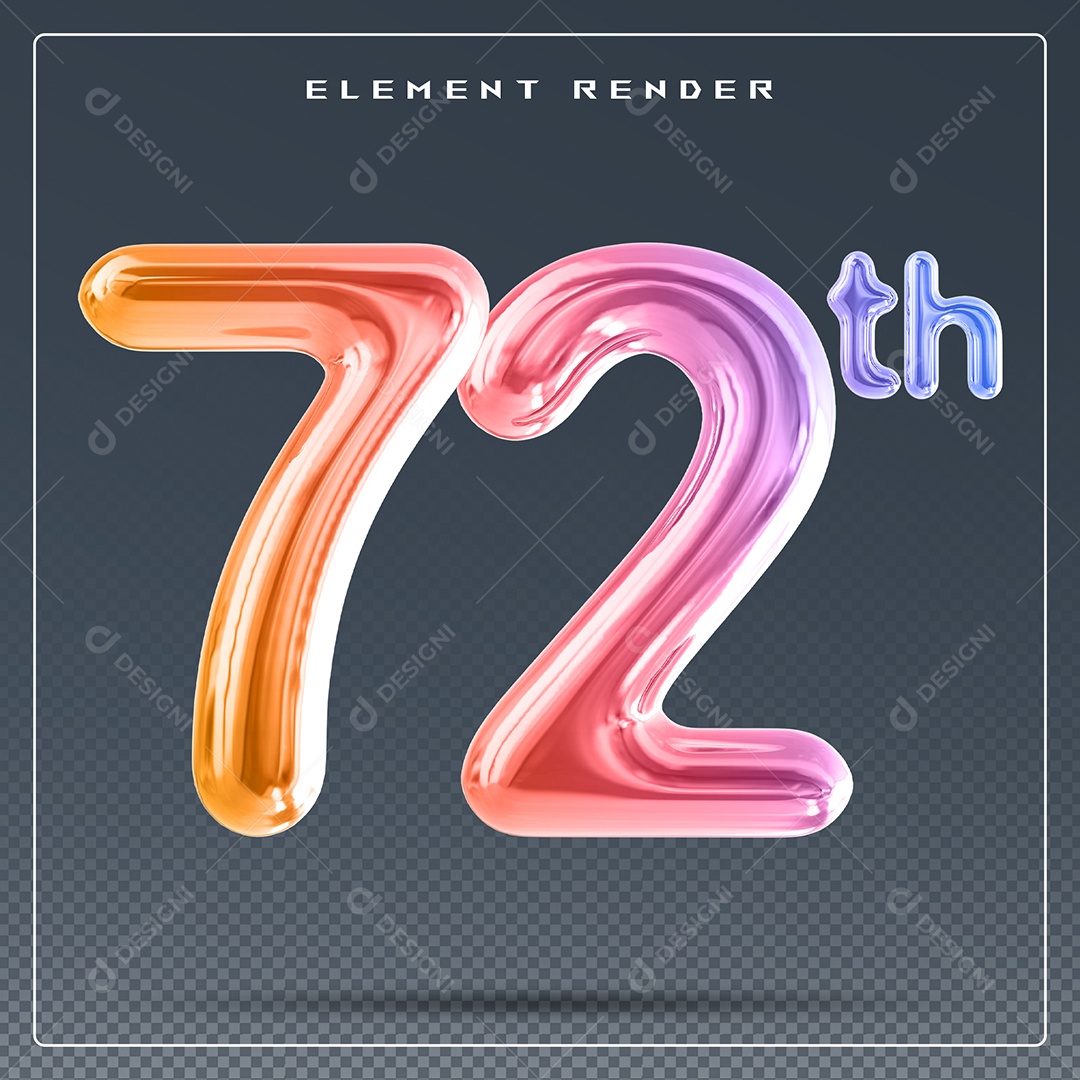 Elemento 3D Número 72 Th Colorido para Composição PSD