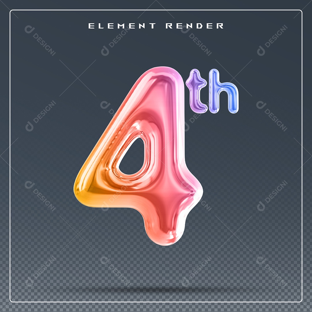 Elemento 3D Número 4 Th Colorido para Composição PSD